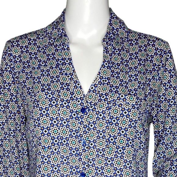 Express Shirt Womens Small‎ Blue Multi Geometric Portofino Chiffon Casual Career - Picture 5 of 8